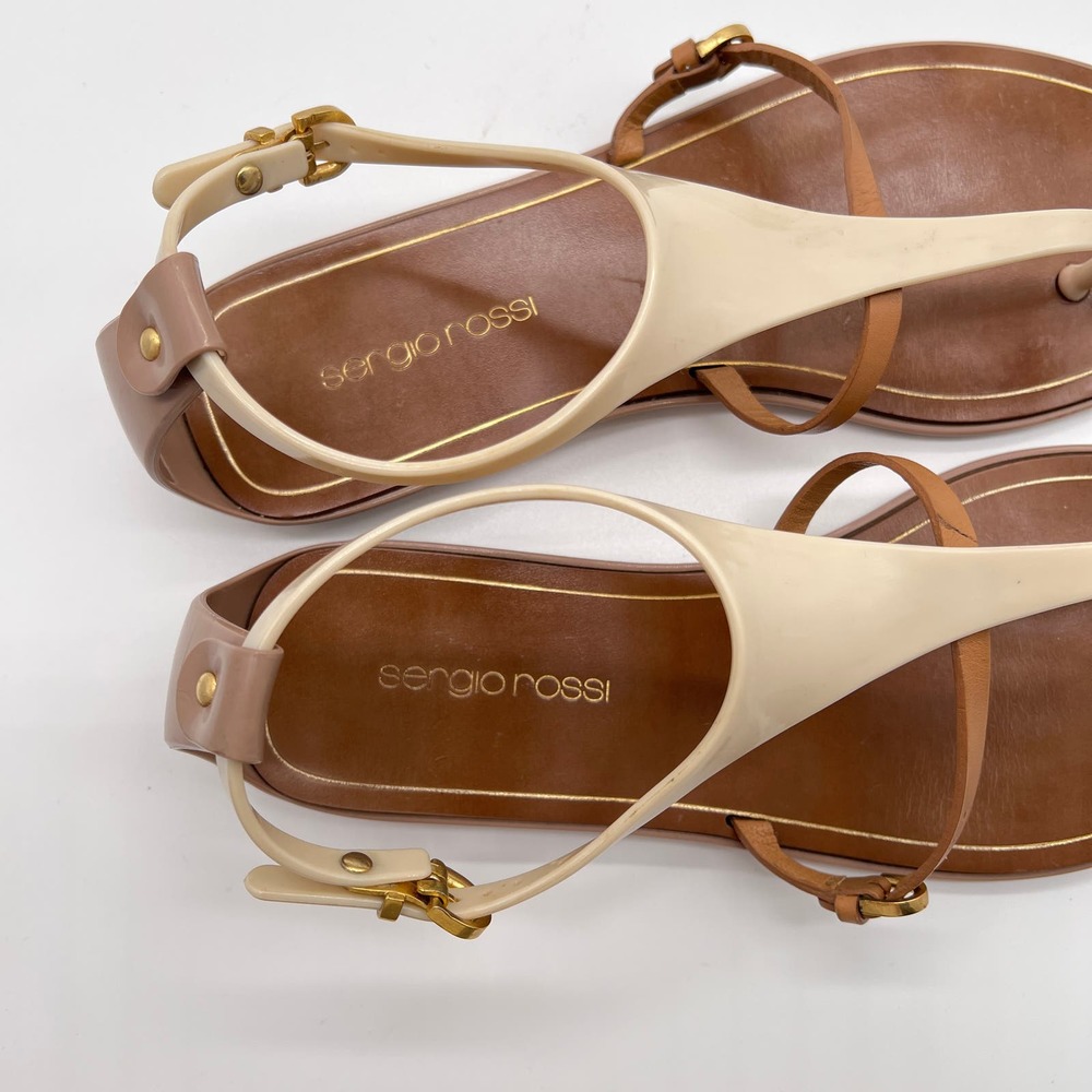 SERGIO ROSSI Shoes Womens 38 Cream Brown T-strap Jelly Sandal Thong Flip Flop - Picture 8 of 12